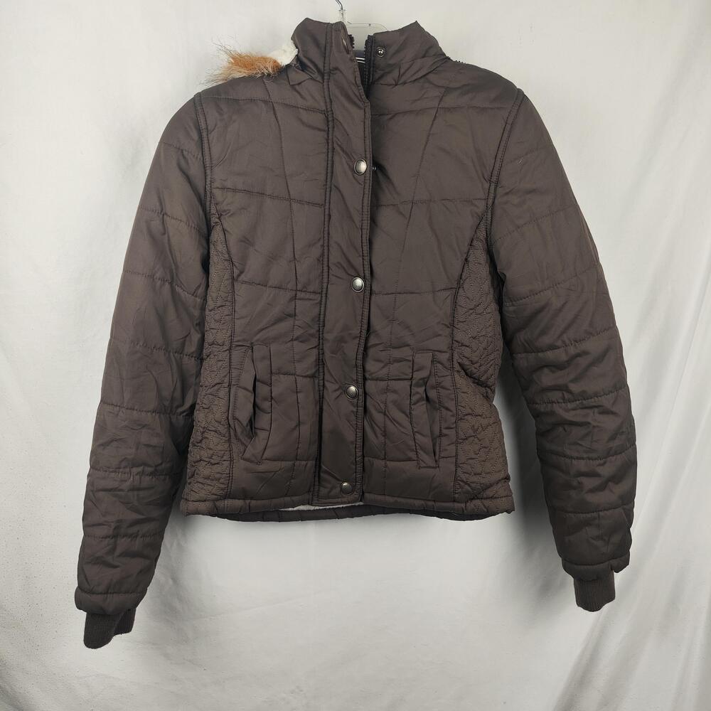 Charlotte Russe Jacket Womens Small Brown Quilted Faux Fur Hooded Puffer Coat